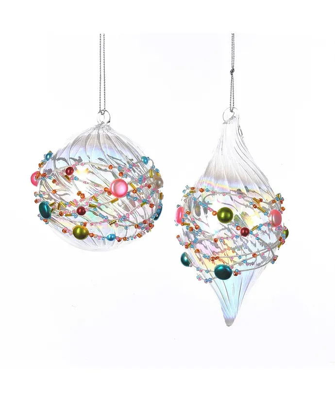 Glass Multicolored Beaded Ornaments Set Of 2 Christmas Decor