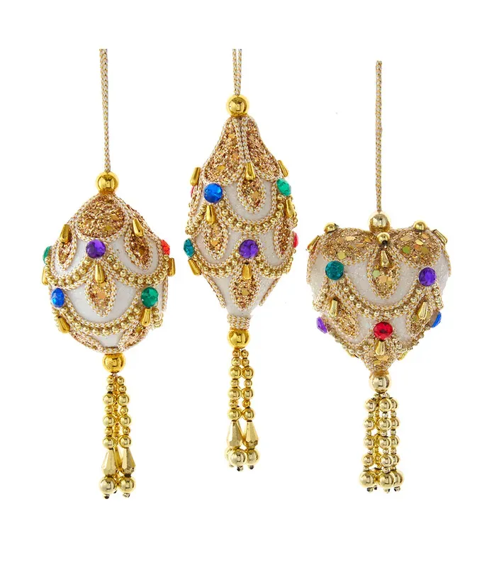 White and Gold Jeweled Miniature Ornaments Set Of 3 Christmas Decor