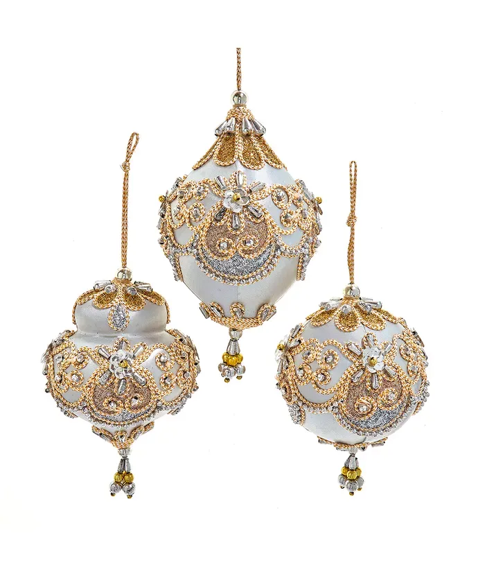 PRE-ORDER SHIPS 8/2024 Beaded Taupe, Gold &amp; Silver Ball, Dome &amp; Finial Ornaments Set Of 3 Christmas Decor