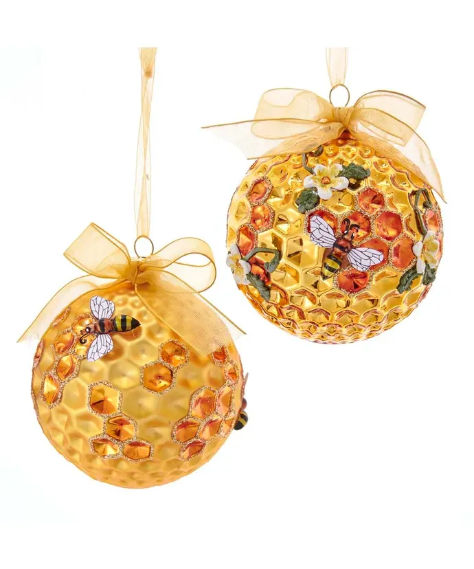 PRE-ORDER SHIPS 8/2024 Glass Gold Ball With Honeycomb and Bee Pattern Ornaments Set Of 2 Christmas Decor *SHIPS WITHIN 15 DAYS*