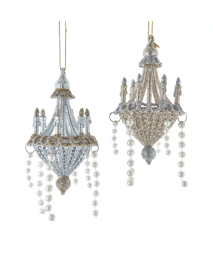 *PRE-ORDER SHIPS 9/2024* Glitter Chandelier With Pearl Ornaments Set Of 2 Christmas Decor