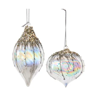 PRE-ORDER SHIPS 8/2024 Glass Iridescent Onion and Finial Ornaments Set Of 2 Christmas Decor