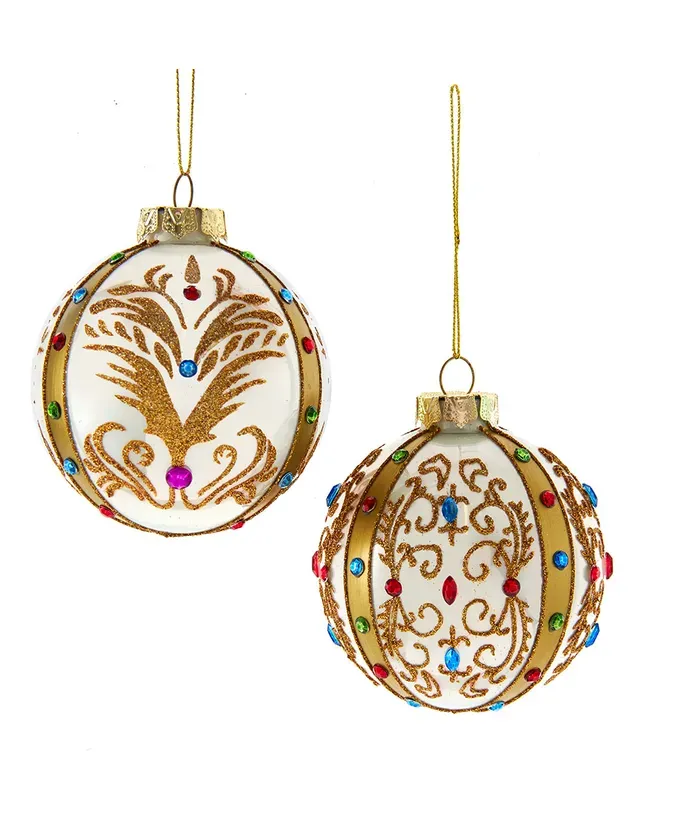 *PRE-ORDER SHIPS 9/2024* Glass White and Gold Jeweled Ornaments Set Of 2 Christmas Decor