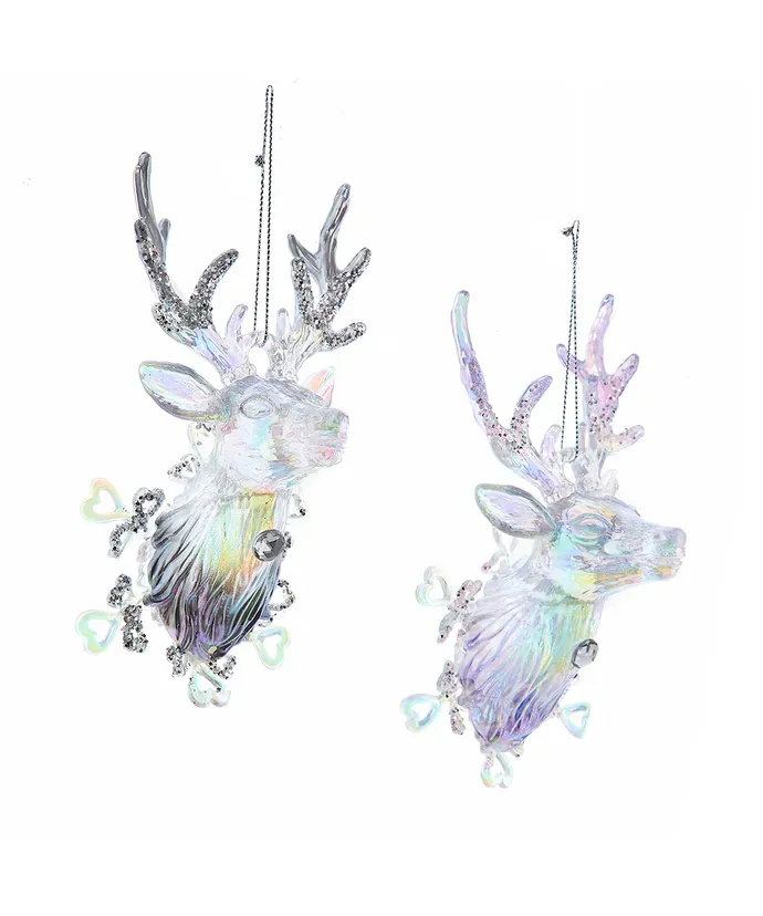 Lavender &amp; Iridescent Reindeer Head With Snowflake Ornaments Set Of 2 Christmas Decor