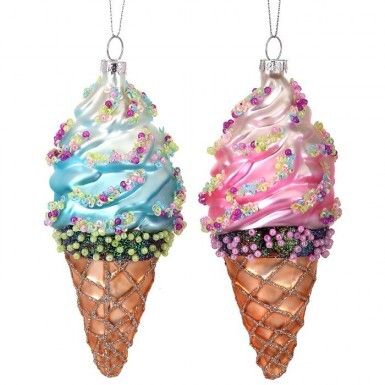 6&quot; GLASS SOFT SWIRL ICE CREAM CONE ORNAMENTS SET OF 2 Christmas Decor