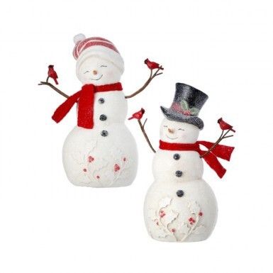8&quot; RESIN SNOWMEN WITH CARDINALS SET OF 2 Christmas Decor