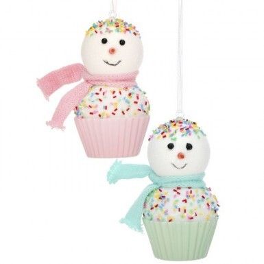 4.5&quot; SPRINKLES SNOWMAN CUPCAKE ORNAMENTS SET OF 2 Christmas Decor