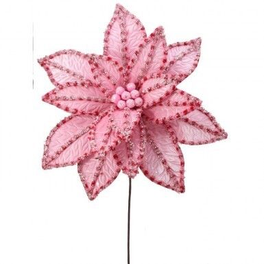 30&quot; GIANT CANDY SNOW GLITTER POINSETTA STEM PINK/RED Christmas Decor