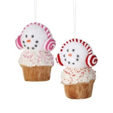 7&quot; SWEETS SNOWMAN CUPCAKE EAR MUFFS ORNAMENTS SET OF 2 Christmas Deco