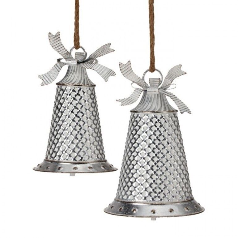 10.5-14.5&quot; SILVER METAL ANTIQUE BELL WITH JUTE SET OF 2 Christmas Decor NEW 2024