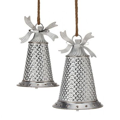 10.5-14.5&quot; SILVER METAL ANTIQUE BELL WITH JUTE SET OF 2 Christmas Decor NEW 2024