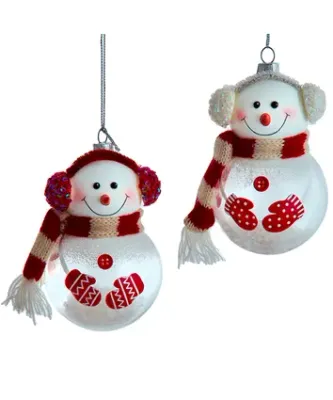 Glass Red and White Snowman With Scarf &amp; Earmuffs Ornaments SET OF 2 Christmas Decor