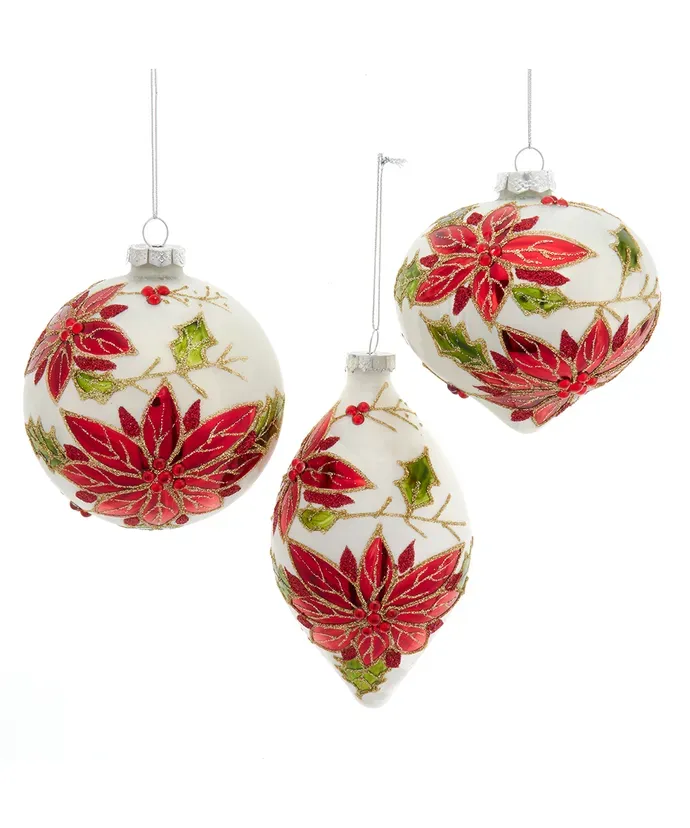 Glass Poinsettia Leaf Ball, Drop &amp; Onion Ornaments SET of 3 Christmas Decor
