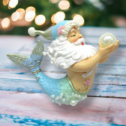 Blue Santa Merman With Pearl Ornament Coastal Christmas Decor NEW 2024