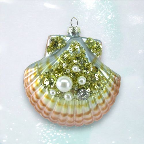 Shimmer Scallop Shell Ornaments Set Of 2 Coastal Christmas Decor *SHIPS WITHIN 10 DAYS* NEW 2024