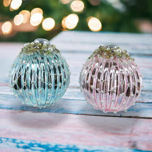 Blue/Pink Netted Ornaments Set Of 2 Coastal Christmas Decor *SHIPS WITHIN 10 DAYS* NEW 2024