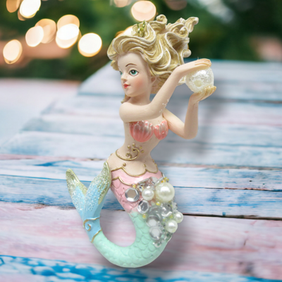 Blue Mermaid With Pearl Ornament Coastal Christmas Decor