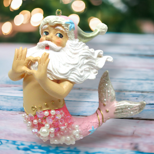 Pink Santa Merman With Heart Ornament Coastal Christmas Decor NEW 2024