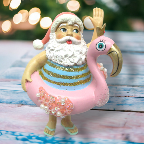 Santa In Pink Flamingo Float Ornaments Set Of 3 Coastal Christmas Decor *SHIPS WITHIN 10 DAYS* NEW 2024