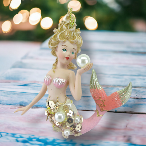 Pink Mermaid With Pearl Ornaments Set Of 2 Coastal Christmas Decor *SHIPS WITHIN 10 DAYS* NEW 2024