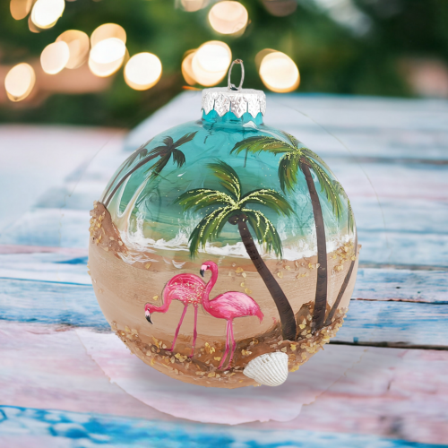 Painted Flamingo Scene Ornaments Set Of 2 Coastal Christmas Decor *SHIPS WITHIN 10 DAYS* NEW 2024