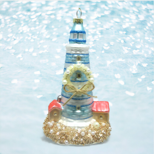 Blue Lighthouse Ornaments Set Of 2 Coastal Christmas Decor *SHIPS WITHIN 10 DAYS* NEW 2024