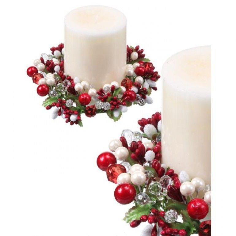 6&quot; RED/WHITE PEARL BERRY JEWEL CANDLE RING 4&quot; Christmas Decor