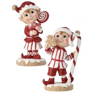 8&quot; RESIN CANDY PEPPERMINT PIXIE ELVES SET OF 2 Christmas Decor