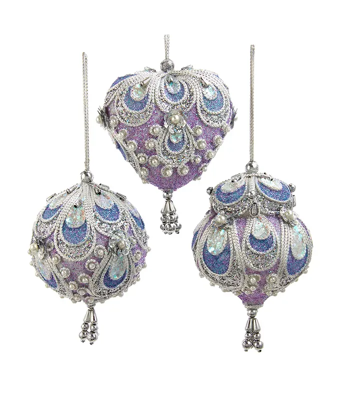 Lavender, Blue and Silver Ball, Finial and Heart Ornaments SET of 3 Christmas Decor