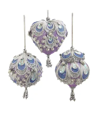 Lavender, Blue and Silver Ball, Finial and Heart Ornaments SET of 3 Christmas Decor