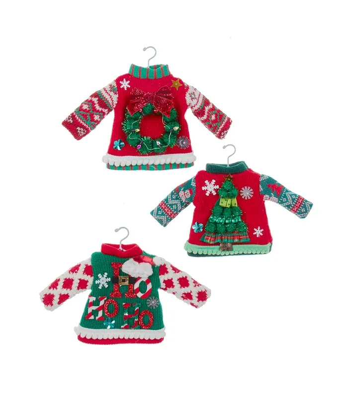 Red and Green Ugly Sweater Ornaments Set of 3 Christmas Decor