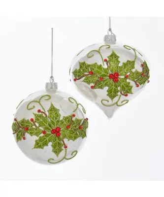 Glass White With Holly Leaves and Red Jewels Ornaments Set Of 2 Christmas Decor