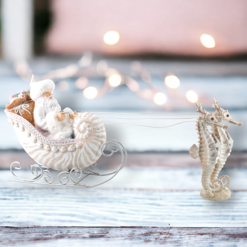 Coastal Santa In Shell Sled With Seahorses Coastal Christmas Decor *SHIPS WITHIN 15 DAYS*