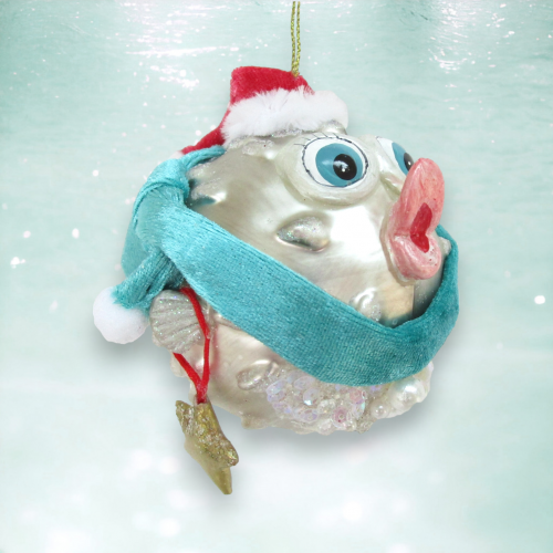 Blowfish With Santa Cap Ornament Coastal Christmas Decor *SHIPS WITHIN 15 DAYS*