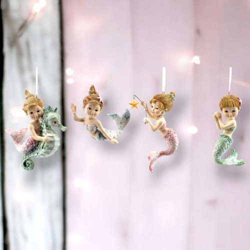 Assorted Mermaid Set Of 4 Ornaments Coastal Christmas Decor *SHIPS WITHIN 15 DAYS*