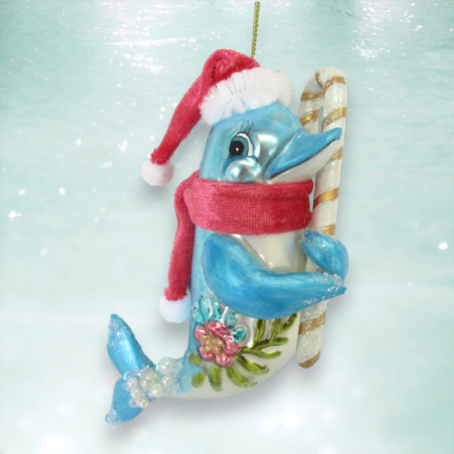 Dolphin With Candy Cane Ornaments Set Of 2 Coastal Christmas Decor *SHIPS WITHIN 15 DAYS*