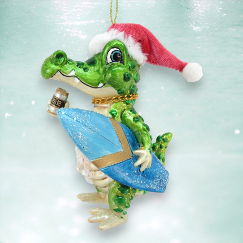 Alligator With Surfboard Ornament Set Of 2 Coastal Christmas Decor *SHIPS WITHIN 10 DAYS*