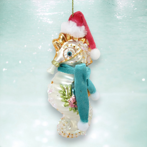Seahorse With Santa Cap Ornaments Set Of 2 Coastal Christmas Decor *SHIPS WITHIN 15 DAYS*
