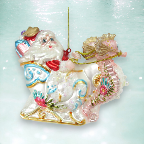 Santa In Seahorse Sled Ornaments Set Of 2 Coastal Christmas Decor *SHIPS WITHIN 15 DAYS*