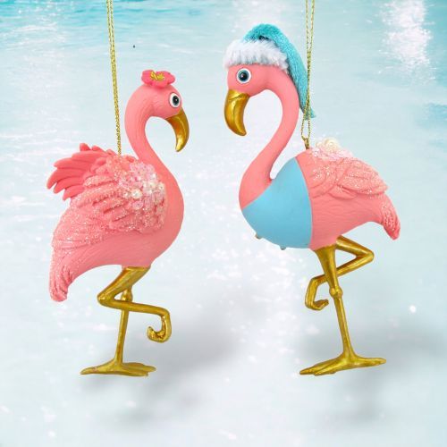 Flamingo Couple Set Of 4 Ornaments Coastal Christmas Decor *SHIPS WITHIN 15 DAYS*