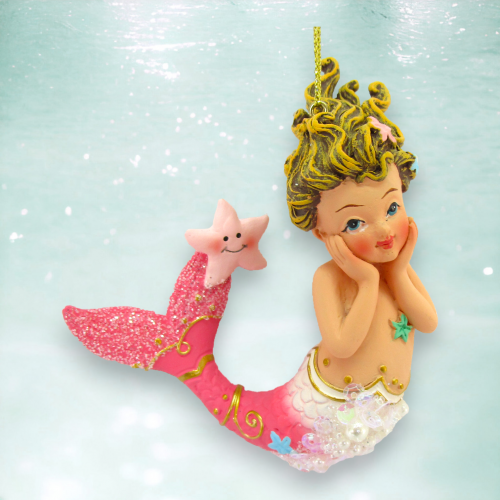 Pink Tail Mermaid Girl Ornament Coastal Christmas Decor *SHIPS WITHIN 15 DAYS*