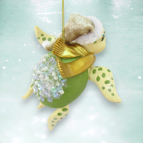 Green Turtle With Santa Cap Ornaments Set of 2 Coastal Christmas Decor *SHIPS WITHIN 15 DAYS*