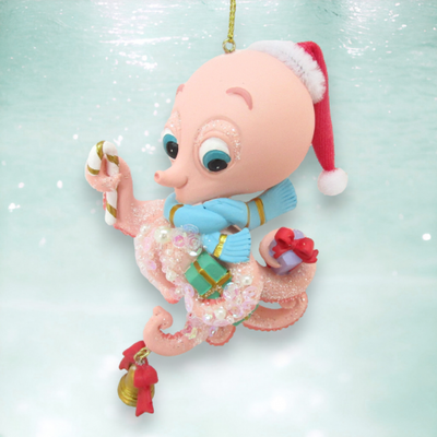 Pink Octopus With Santa Cap Ornaments Set Of 3 Coastal Christmas Decor *SHIPS WITHIN 15 DAYS*