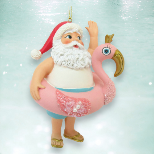 Santa in Flamingo Float Ornaments Set Of 3 Coastal Christmas Decor *SHIPS WITHIN 15 DAYS*