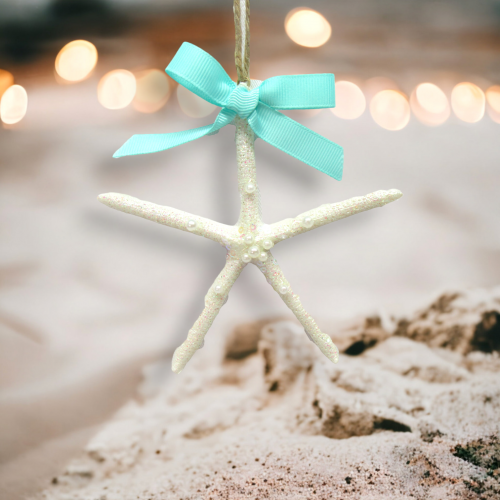 White Starfish With Blue Bow Ornament Coastal Christmas Decor *SHIPS WITHIN 15 DAYS*