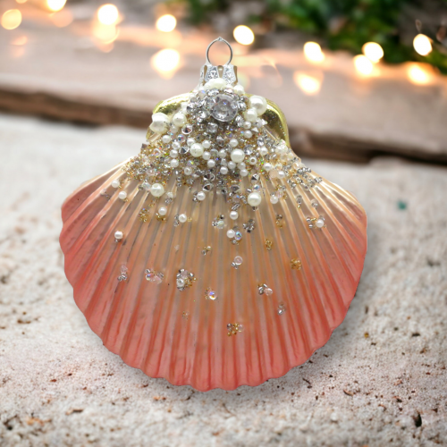 Salmon Seashell With Shell Ornaments Set Of 2 Coastal Christmas Decor *SHIPS WITHIN 15 DAYS*
