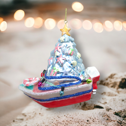 Pink Boat With Tree Ornaments Set Of 2 Coastal Christmas Decor *SHIPS WITHIN 15 DAYS*