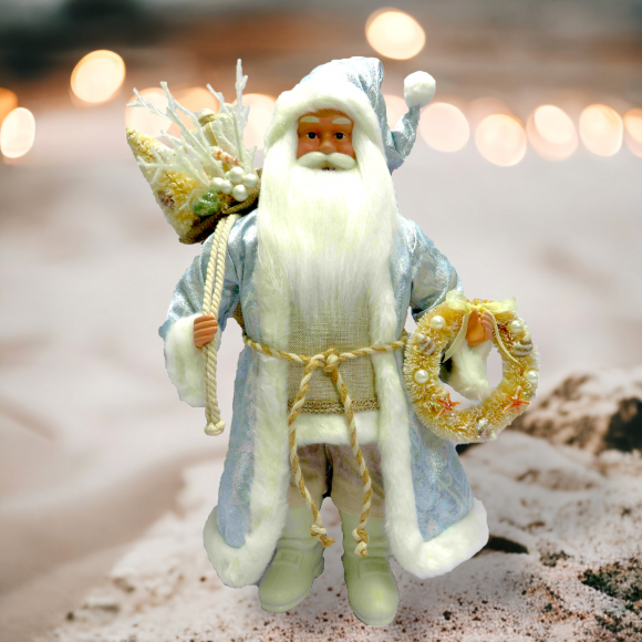 Blue/Tan Santa with Wreath Tabletop Coastal Christmas Decor *SHIPS WITHIN 15 DAYS*