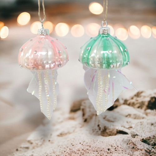 Glass Jellyfish Set Of 4 Ornaments Coastal Christmas Decor *SHIPS WITHIN 15 DAYS*