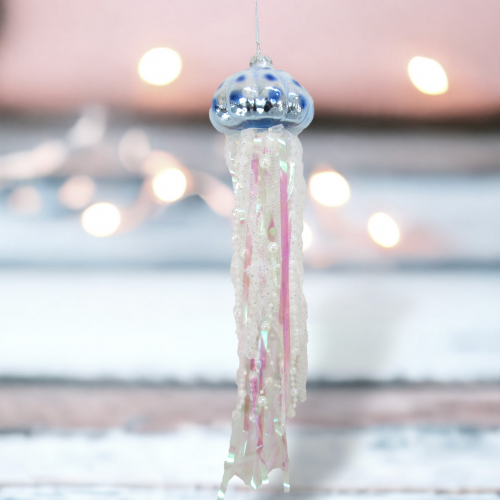 Blue Jellyfish Ornaments Set Of 2 Coastal Christmas Decor *SHIPS WITHIN 10 DAYS*